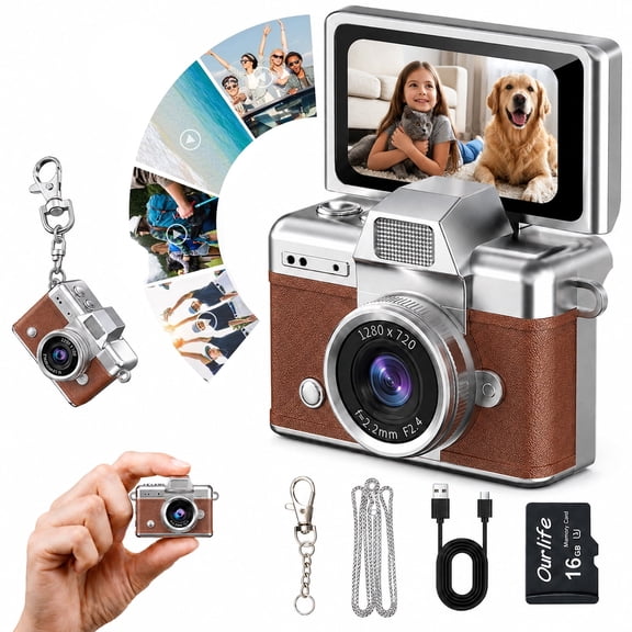Mini Keychain Digital Camera, 1.47" Flip Screen, 1MP HD Photo, Built-in Flash, 16GB Card, Portable Retro Camera, Brown