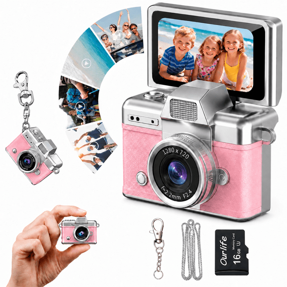 Mini Keychain Digital Camera, HD, 1.47" Flip LCD, Flash, 16GB Card, Retro, Travel, Kids, Adult Beginners Travel, Birthday Gift, Pink