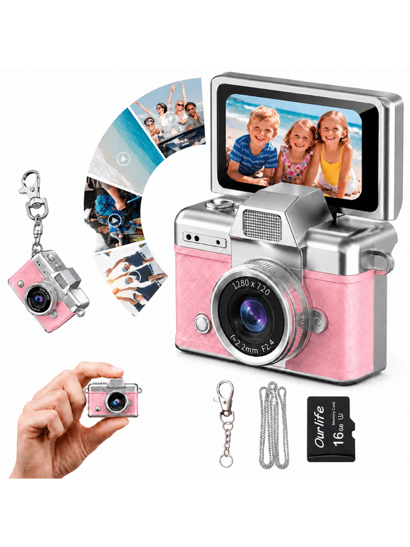 Mini Keychain Digital Camera, HD, 1.47" Flip LCD, Flash, 16GB Card, Retro, Travel, Kids, Adult Beginners Travel, Birthday Gift, Pink