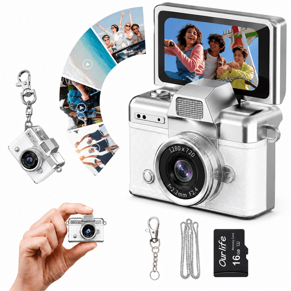 Mini Digital Camera Keychain Design, Retro Style, 1MP Photos, 1080P Video, 1.47-Inch Rotating Screen, Built-in Flash, White.
