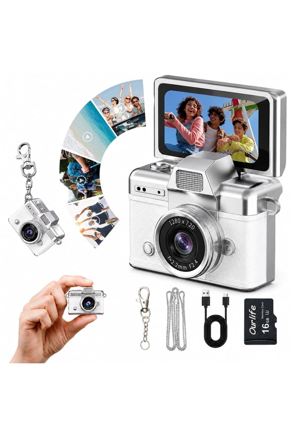 Retro Built-in Flash Key Chain Digital Camera, White, 1