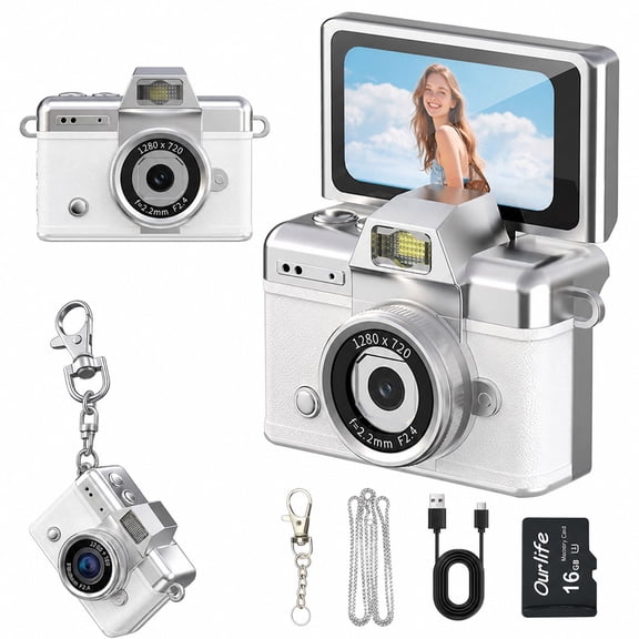 Fullicam Retro Built-in Flash Key Chain Digital Camera, White, 1