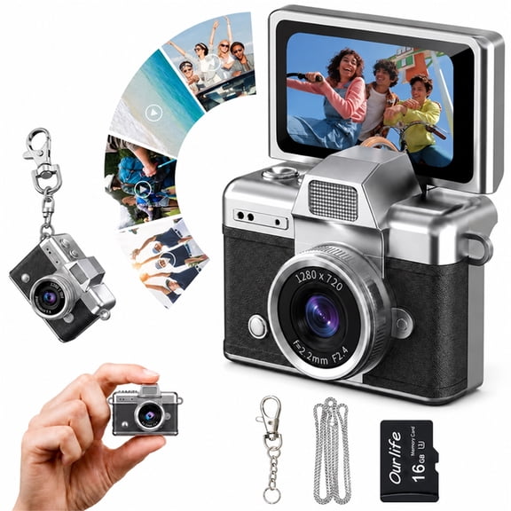 Mini Keychain Digital Camera, Portable Retro Camera with 1.47" Flip Screen, Built-in Flash, Includes 16GB Memory Card, Black