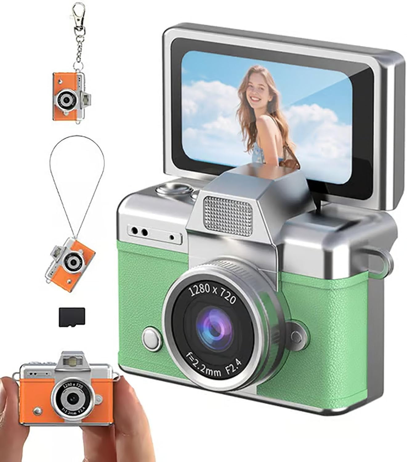 Mini Keychain Digital Camera - 1080P Classic CCD Camera with Flip Screen, 1.47in LCD, Built-in Flash & 32GB Card Included, Cute Compact for Teens, Travelers & Gifts