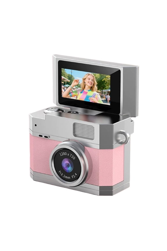 Mini Keychain Digital Camera with Flip Screen, Pocket Photo & Video Camera with 64GB Card, Wearable Pendant Camera for Selfie, Travel & Vlogging (Pink)
