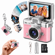 Mini Keychain Digital Camera, HD, 1.47" Flip LCD, Flash, 16GB Card, Retro, Travel, Kids, Adult Beginners Travel, Birthday Gift, Pink