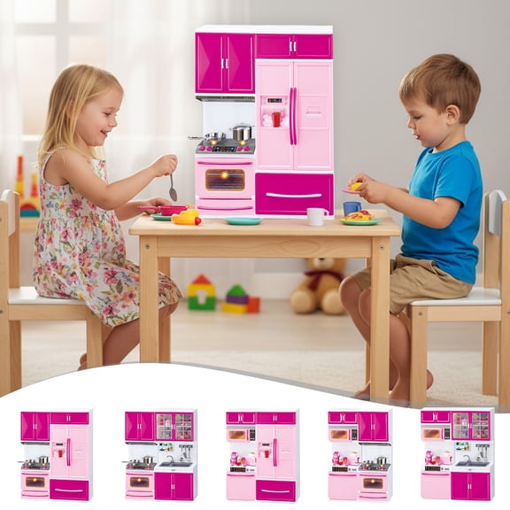 Mini Kitchen Playset with Realistic Lights & Sounds, Dollhouse Kitchen Pretend Play Toy with Cookware Utensils Cabinets, Educational Cooking Toy for Toddlers Girls Ages 3+ Birthday Gifts