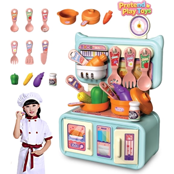 Mini Kitchen Pretend Play Toys, Toddler Kids Simulation Chef Cooking Playset with Play Veggies & Cookware, Preschool Educational Learning Toy, Imaginative Kitchen Role Play Kit for Boys Girls Ages 3+