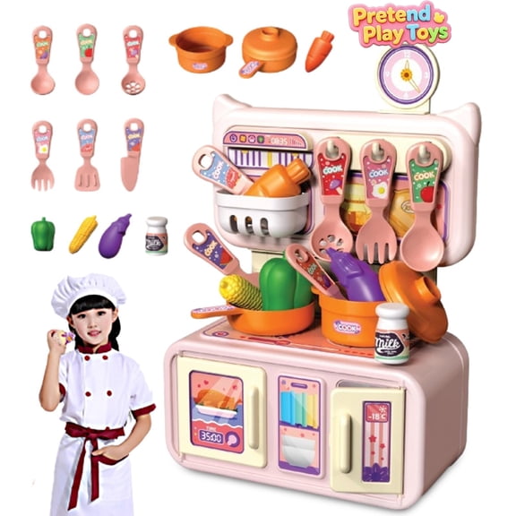 Mini Kitchen Pretend Play Toys, Toddler Kids Simulation Chef Cooking Playset with Play Veggies & Cookware, Preschool Educational Learning Toy, Imaginative Kitchen Role Play Kit for Boys Girls Ages 3+