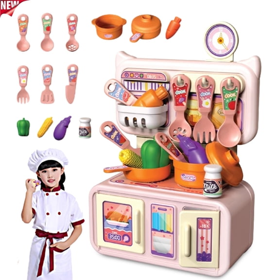 Mini Kitchen Pretend Play Toys, Toddler Kids Simulation Chef Cooking Playset with Play Veggies & Cookware, Preschool Educational Learning Toy, Imaginative Role Play Kit for Boys Girls Ages 3+,Pink