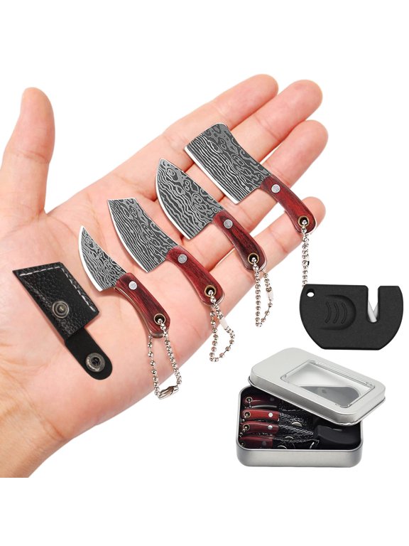Mini Knife Set, Damascus Pocket Knife with Sharpener, Mini Chef EDC Knives, Tiny knife Cleaver Keychain Tiny Things for Package Opener, Box Cutter, Letter Opener - Set of 5