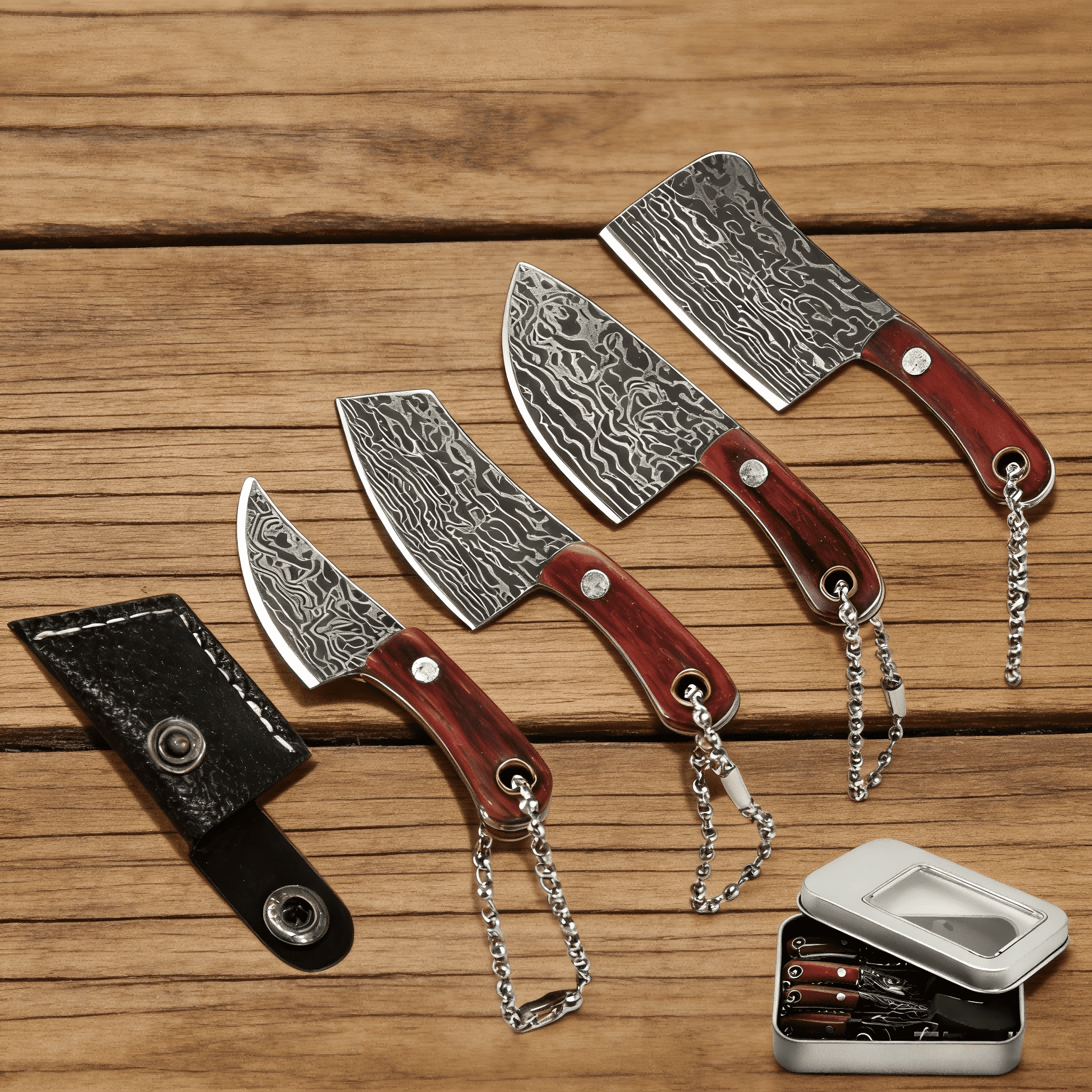 4pcs Damascus Mini EDC Knife Set - Keychain Cleaver with Sharpener for ...