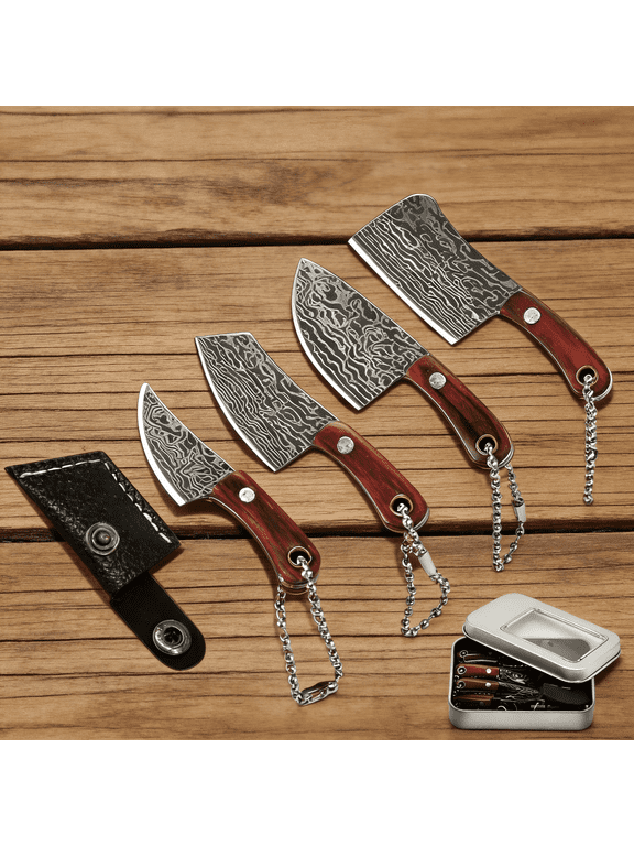 4pcs Damascus Mini EDC Knife Set - Keychain Cleaver with Sharpener for Box/Letter/Package Opening