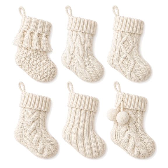 Mini Knit Christmas Stockings, 9-Inch, Cream White, 6 Count