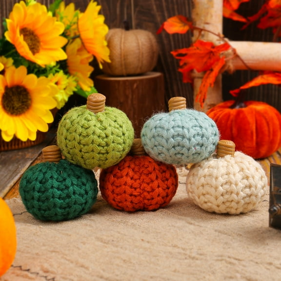 Mini Knit Pumpkins Set of 5, Autumn Decorative Fabric Crochet Pumpkins for Table Tiered Tray Shelf Fall Season Accent Decor Thanksgiving Gift
