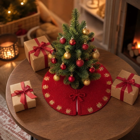 Mini Knitted Christmas Tree Skirt, 12.6 Inch Red Polyester Mat with Cursive Words, Tabletop Tree Base Cover for Desktop Decor