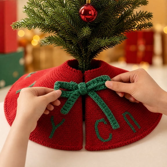 Mini Knitted Christmas Tree Skirt, 12.6 Inch Red Polyester Mat with Snowflake Pattern, Tabletop Tree Base Cover for Desktop Deco