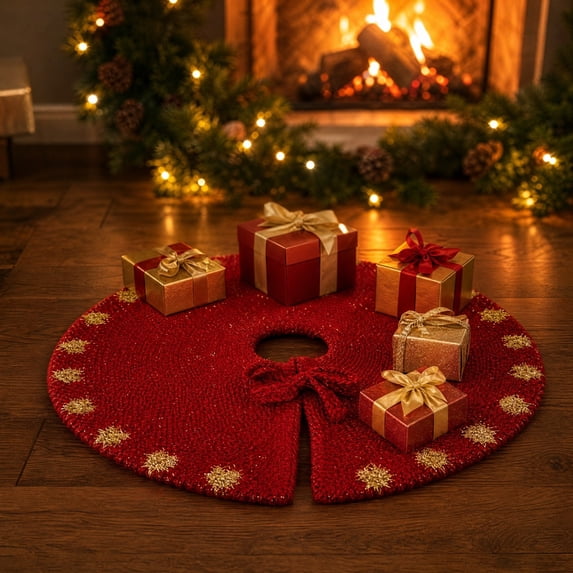 Mini Knitted Christmas Tree Skirt, Small Red Xmas Tree Mat, Soft Polyester Tabletop Base Mat for Desktop Holiday Decor for Home Fireplace Mantel Ornament Small Desktop Tree