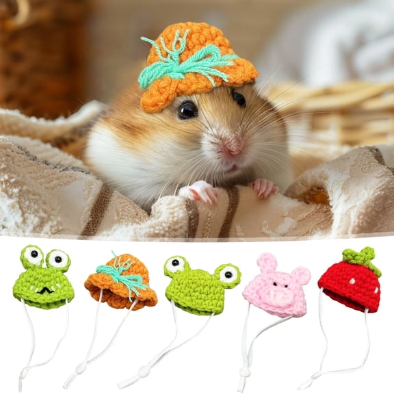 Mini Knitted Hamster Hat with Adjustable Strap – Cute Frog, Bunny, Carrot Designs for Small Pets, Reptiles, Birds, and Small Animals