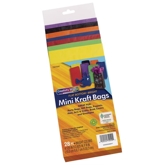 Creativity Street Mini Kraft Bag, Assorted Bright Colors, 4-1/8" x 2-5/8" x 8", 28 Bags