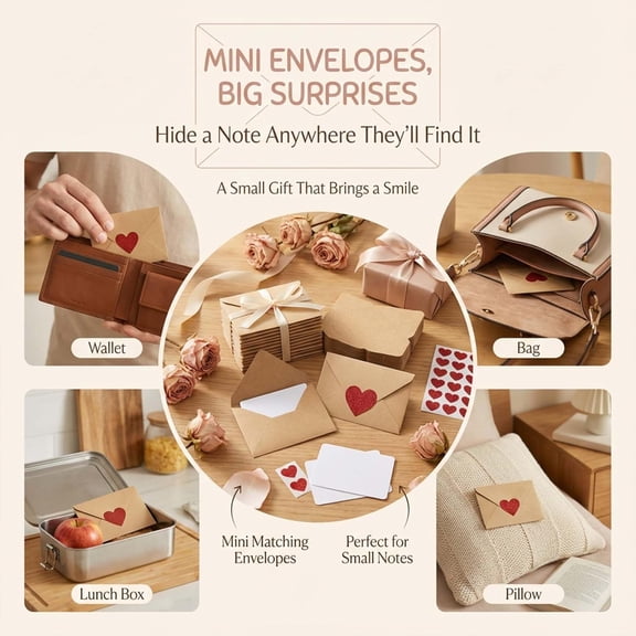 Mini Kraft Gift Tags with Envelopes (30 Set), Small Blank Message Cards for Flower Bouquets, Party Favors, & Thank You Notes