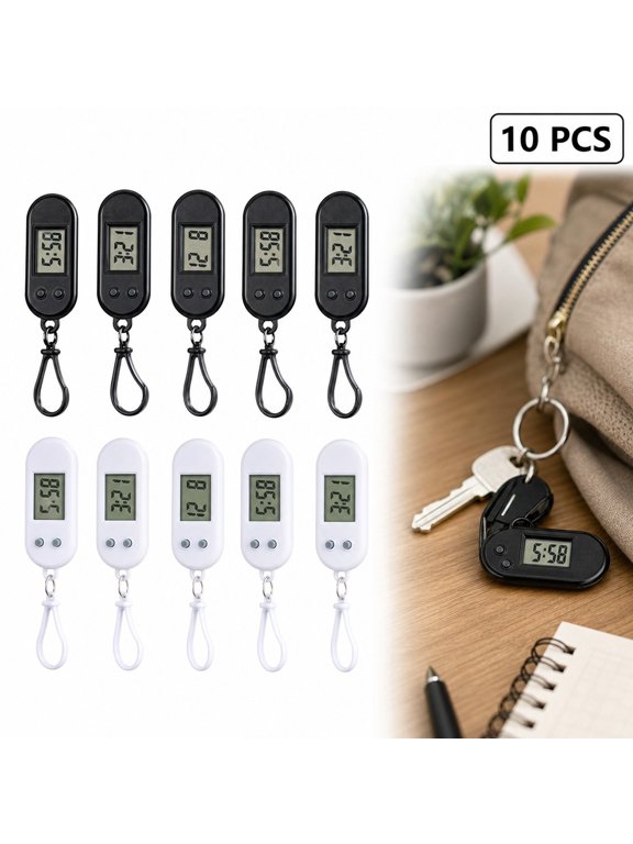 Mini LCD Digital Clock Keychain 10pcs, 5 Black 5 White Oval Pocket Watch Keyring for Backpack Keychain Test Timer Easter Christmas Valentine Gift