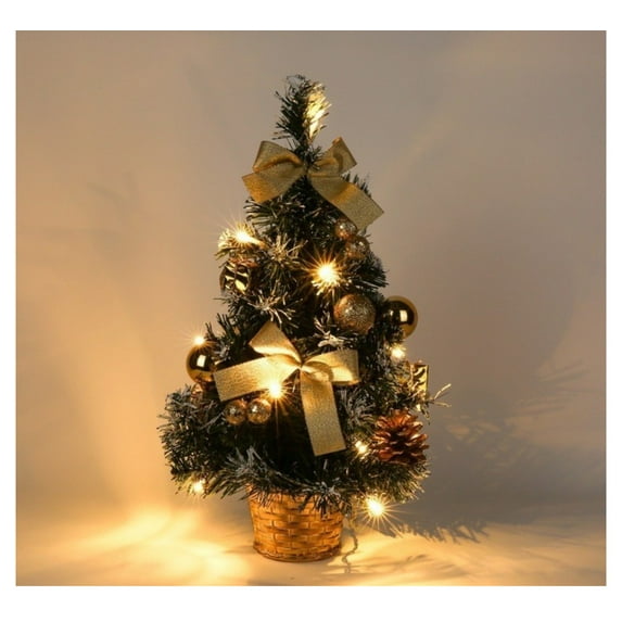 Mini LED Christmas Tree for Tabletop, Small Artificial Christmas Tree with Warm White Lights, Battery Operated Desktop Decor for Home Office Holiday Party(Gold-A)