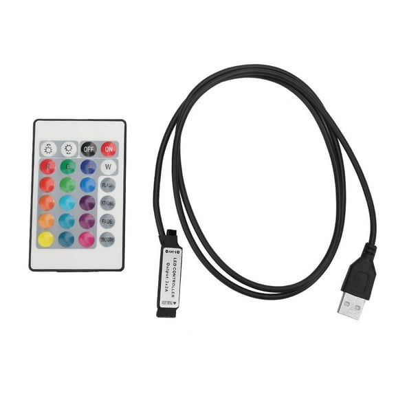 Mini LED Controller, 5-24V 24 Key RGB LED Light Strip Wireless Remote Control USB 6A Lamp Effect IR Controller for Adjustable Speed/Brightness/Color/Scene (Line length 1 meter)