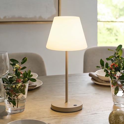 Mini LED Cordless Table Lamp Rechargeable, 3000mAh Battery Operated Shower Lamp Waterproof, Touch Dimmable 2700K Night Light for Patio Camping Dining Outdoor (Mini Khaki)