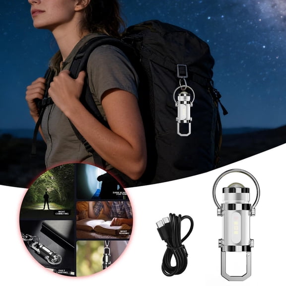 Mini LED Keyring Torch 1200 Lumen COB Area Light with 7 Modes SOS Strobe USB-C Rechargeable IPX4 Waterproof EDC Emergency Lamp for Camping Hiking Car Breakdown (Silver)