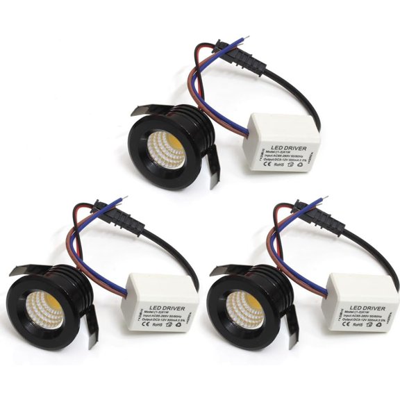 Mini LED Recessed Ceiling Spotlight with Driver, Black, 3 Pack, AC 110V-220V, 3000K Warm White, Under-Cabinet Display Light