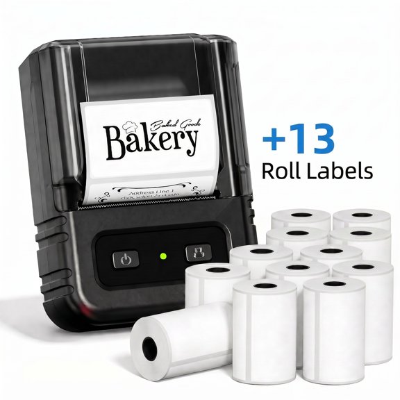 Mini Label Maker Machine+13 roll Thermal Labels, M102 Wireless Barcode Printer, Thermal Sticker Label Printer with 300+ Templates for Small Business, Price, Address, Mail, Jar, for Office, Home