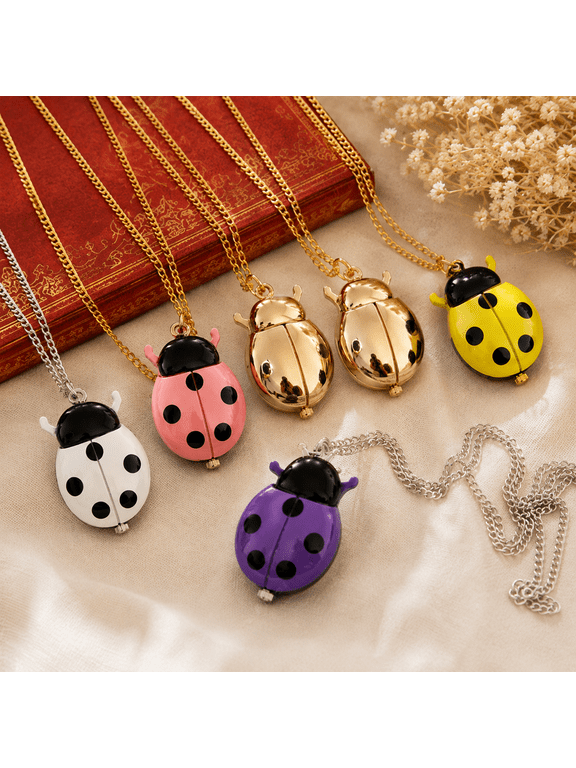 Mini Ladybug Pocket Watch, Pendant Watch With Polka Dot Case, Long Chain And Colorful Necklace Watch Design For Novelty Style