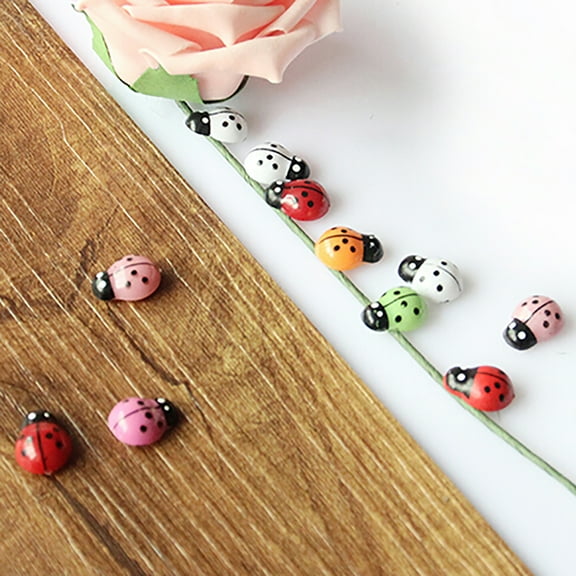 Mini Ladybugs, 100PCS Self-Adhesive Ladybugs Wooden Ladybug Shaped Stickers Colorful Mini 3D Ladybug Ornaments Home Decor Kid Toys DIY Insects