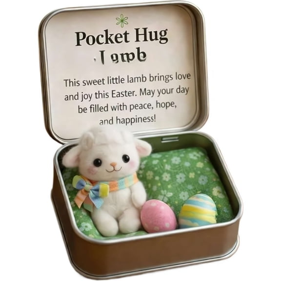 Mini Lamb Hug Cute Easter Gift, Felt Plush Lamb with Lovely Bow, Pocket-Size Stuffed Lamb in Tin Box, Easter Basket Stuffer for Women Men Friends Family