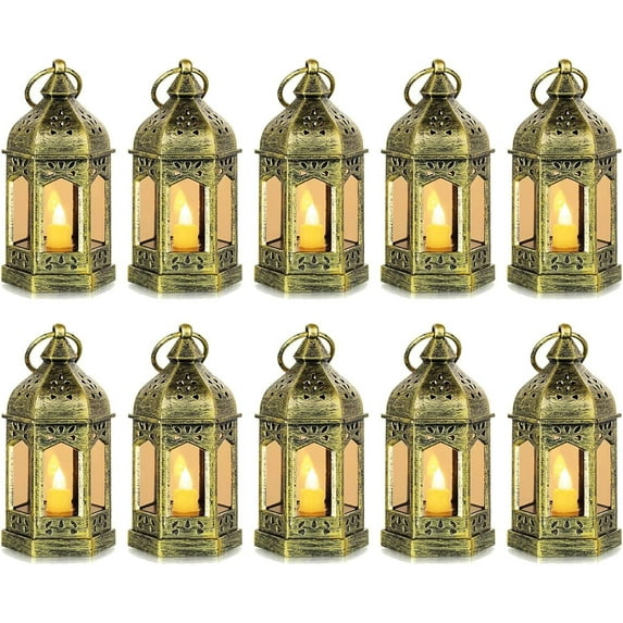 Mini Lantern with Flickering LED Candles Set of 20, Hewory Black Vintage Decorative Hanging Candle Lanterns for Halloween, Christmas, Wedding Decorations, Party, Table Centerpiece, Battery Included