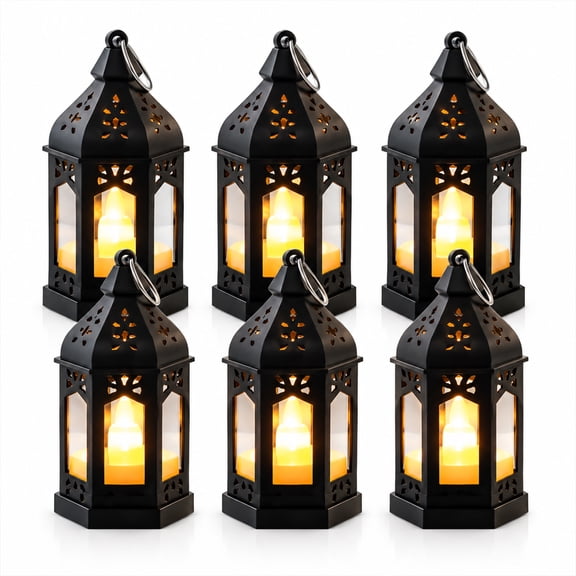 Mini Lantern with Flickering LED Candles,Vintage Black Decorative Hanging Candle Lanterns for Fall Wedding Decor,Halloween,Christmas,Table Centerpiece,Battery IncludedSet of 6
