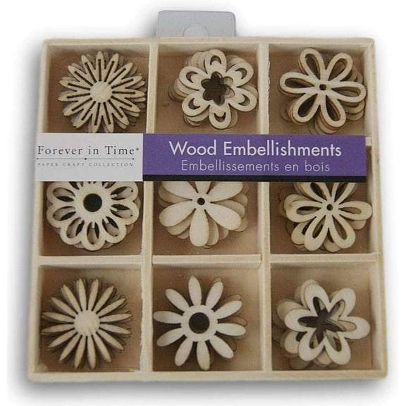 Mini Laser Cuts Wood Shape - Flowers - 45 Pieces - 1'' Across