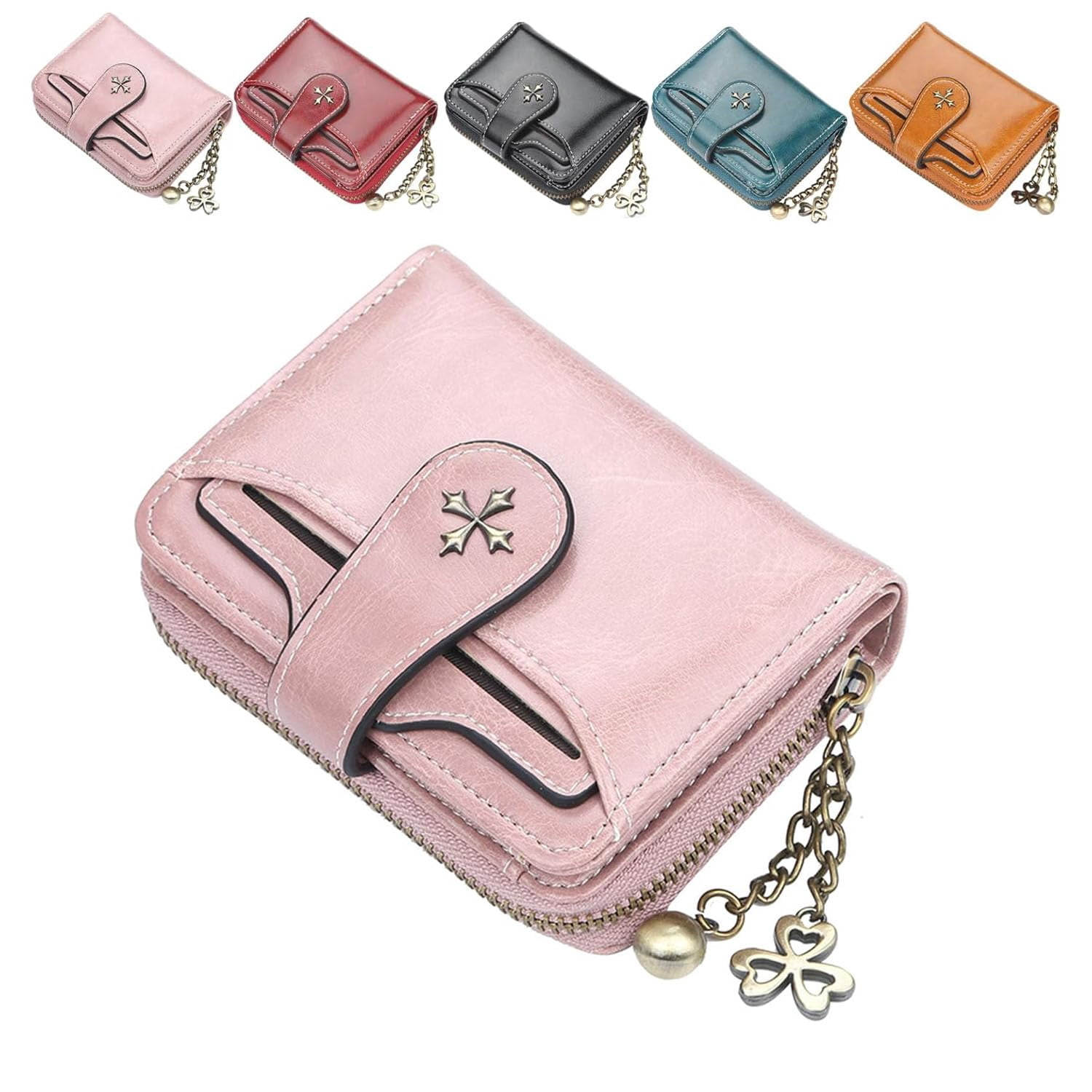 Mini Leather Cash Wallets with Zipper, Small Wallet for Women, Anti Theft Purse for Coins and Cards, Compact and Portable (Pink)