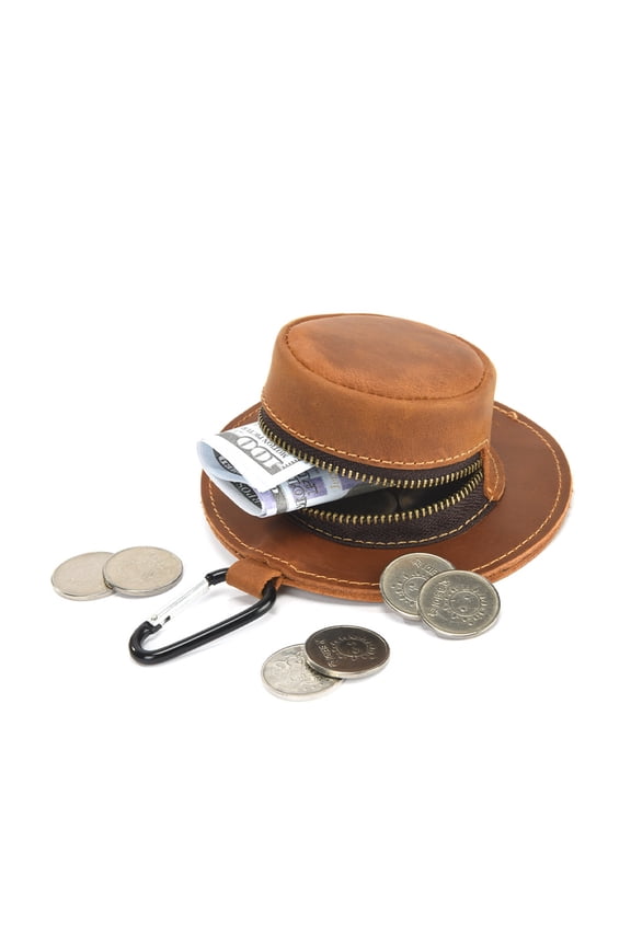 Mini Leather Coin Purse – Cowboy Hat Shape Retro Tiny Wallet with Zipper & Keychain, Portable Change Bag for Coins, Keys & Small Essentials(RL Brown 1 PC)
