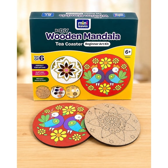 Mini Leaves DIY Folk Mandala Art Kit | Art & Craft Kit for kids Age 6+ | Mandala Art Kit : 6 coasters, paint colors & brushes, age 6+