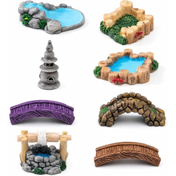 Mini Lighthouse Water Well Bridge Figurines Miniature (White-8c)