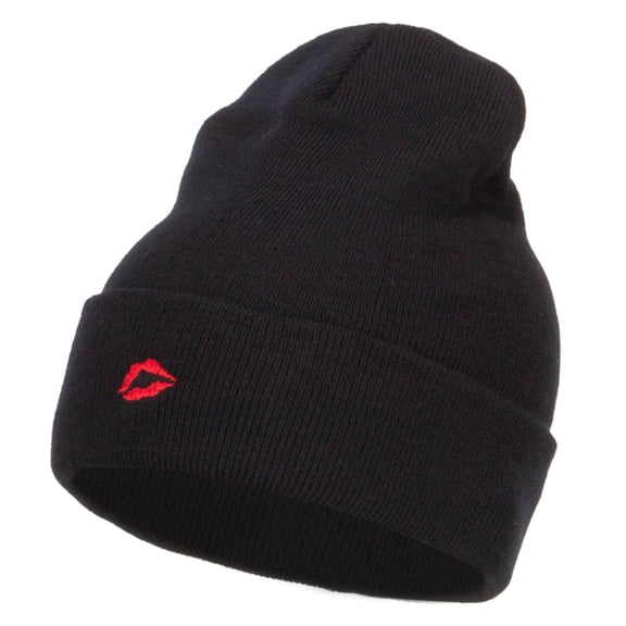 Mini Lips Embroidered Long Beanie - Black OSFM
