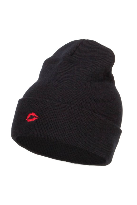 Mini Lips Embroidered Long Beanie - Black OSFM