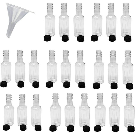 Mini Liquor Bottles(24 Pack) - Reusable Plastic 50ml (1.7 fl oz) Mini Bottles With LidsEmpty Wine Bottles with Black Screw Caps & Liquid Funnel for Easy Pouring & Filling