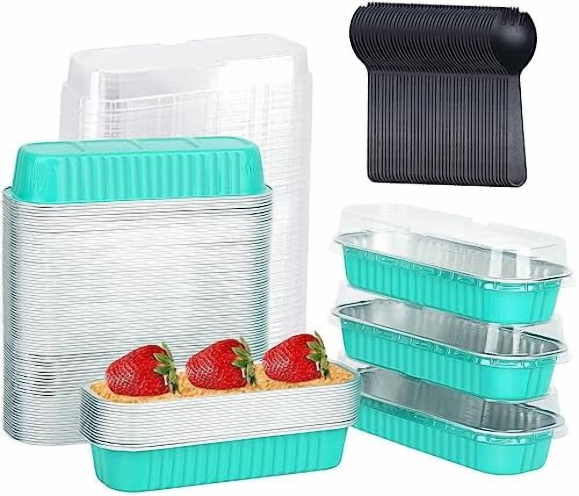 Mini Loaf Baking Pans with Lids 100 Pack, 6.8oz Rectangle Mini Cake Tins Baking Cups,Disposable Aluminum Foil Baking Pan Muffin Tins Containers -Cyan Blue