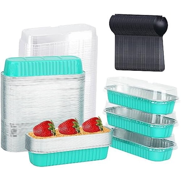 Mini Loaf Baking Pans with Lids 100 Pack, 6.8oz Rectangle Mini Cake Tins Baking Cups,Disposable Aluminum Foil Baking Pan Muffin Tins Containers -Cyan Blue