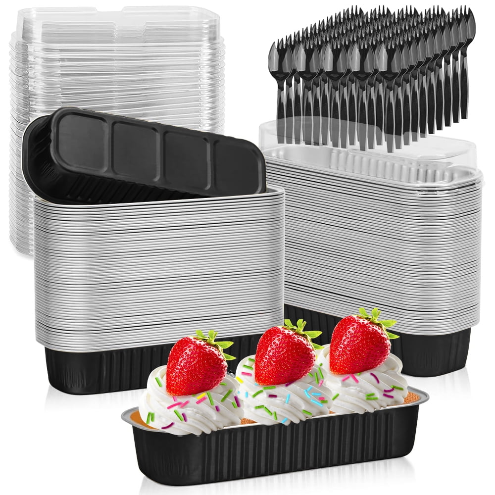 Mini Loaf Baking Pans with Lids and Spoons (50 Pack, 6.8oz) Rectangle