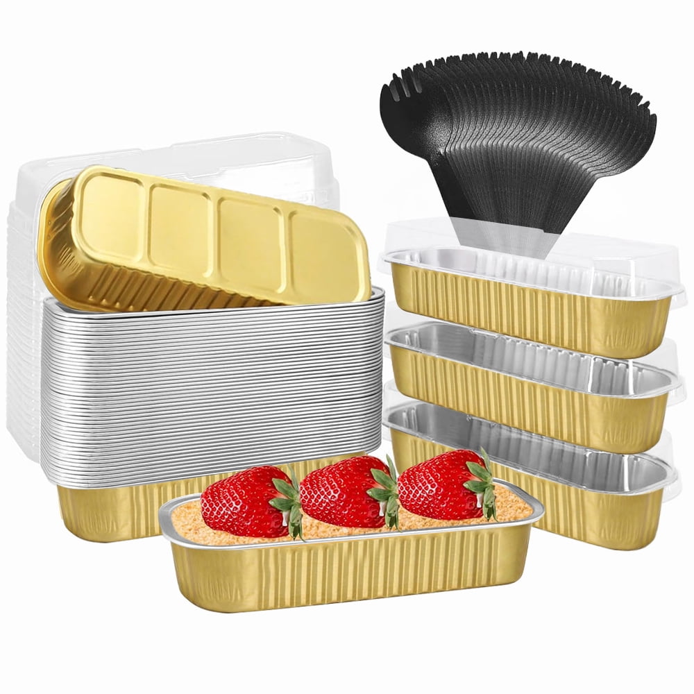 Mini Loaf Baking Pans with Lids and Spoons (50 Pack, 6.8oz) Rectangle