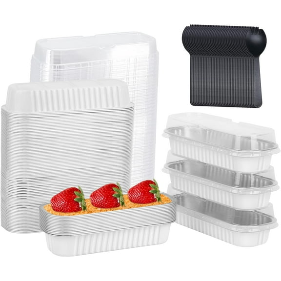 Mini Loaf Pans with Lids 100 Pack, 6.8oz Mini Cake Pans Rectangle Aluminum Foil Baking Tins Containers,Disposable Small Cake Baking Pan Cupcake Baking Cups Muffin Tins-White